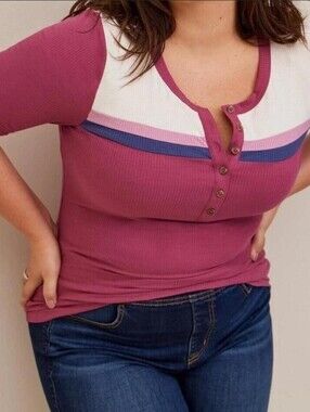 Torrid Ribbed Button Henley Top in Raspberry Pink